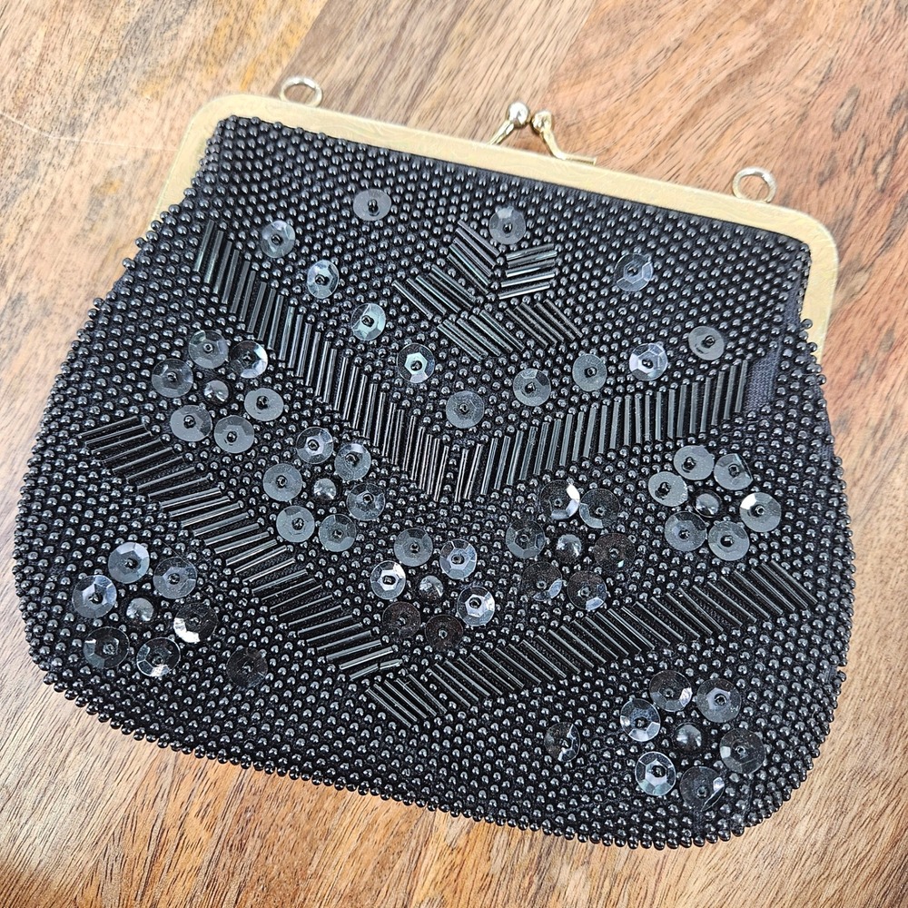 Vintage Loredana Beaded Black Sequins Clutch Evening Bag‎ Brass Snap Purse